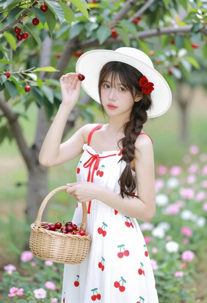 Young Woman Stands Lush Cherry Orchard Holding Woven Basket Filled