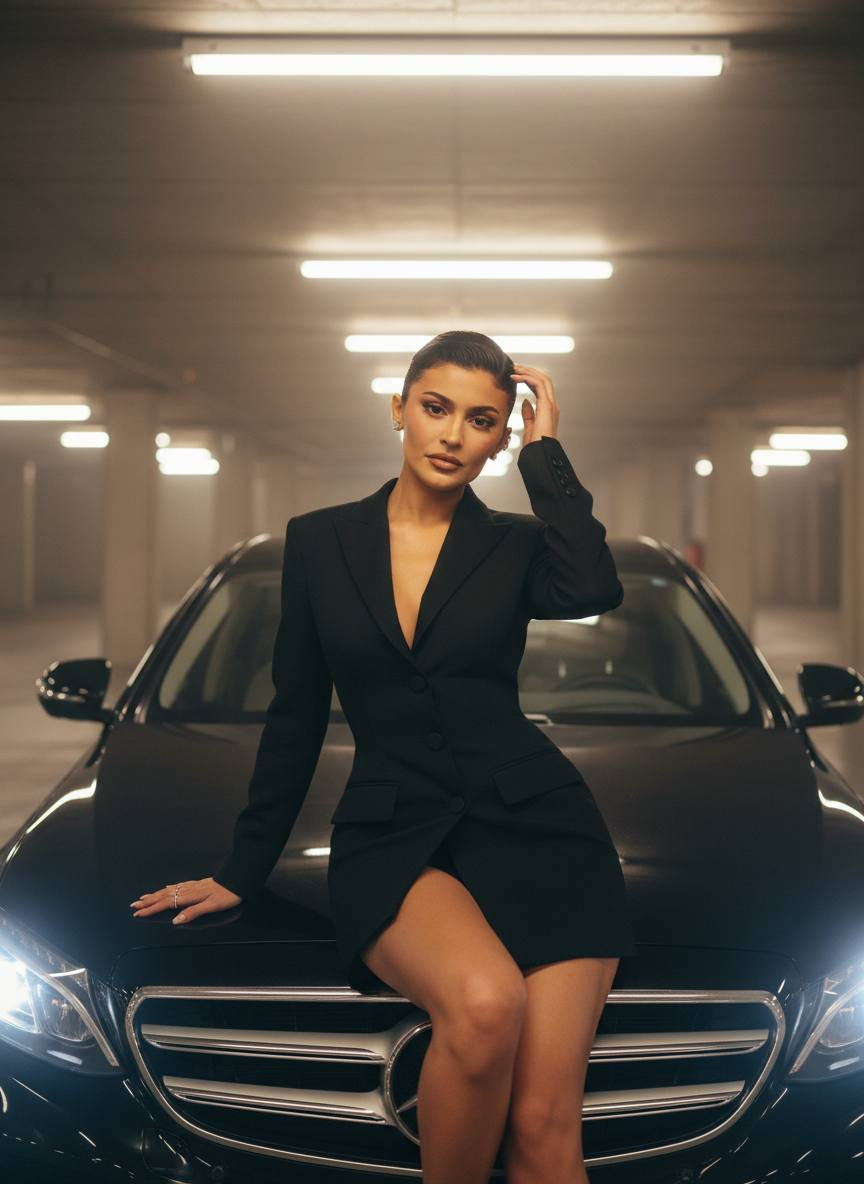 A girl in a fitted black blazer dress sits on the hood of a black Mercedes-Benz in an underground parking lot.