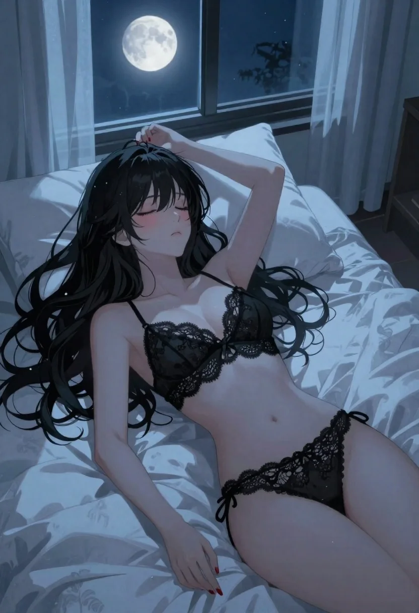 Anime Art Woman Lying Her Side Bed Night With Eyes reference photo