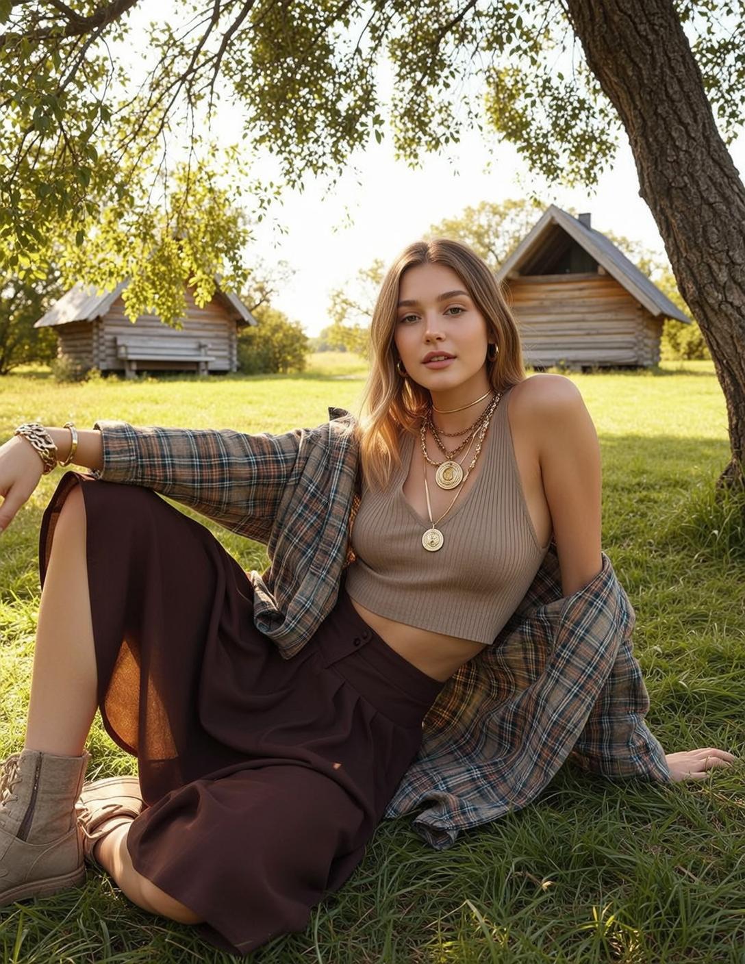 Blonde Woman In Brown Outfit Grassy Field Cabins