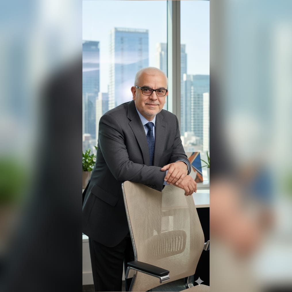 Persona en traje ejecutivo, inclinada hacia adelante sobre una silla ergonómica en un entorno de oficina moderna, con vista a edificios.