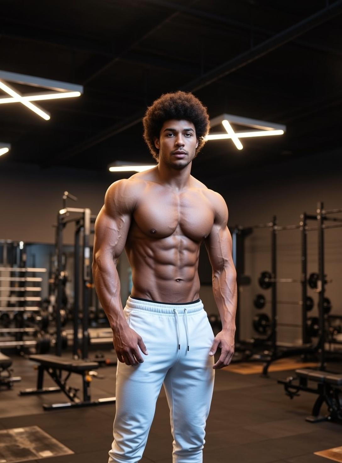 Muscular Afro Tan White Sweatpants Standing Hands