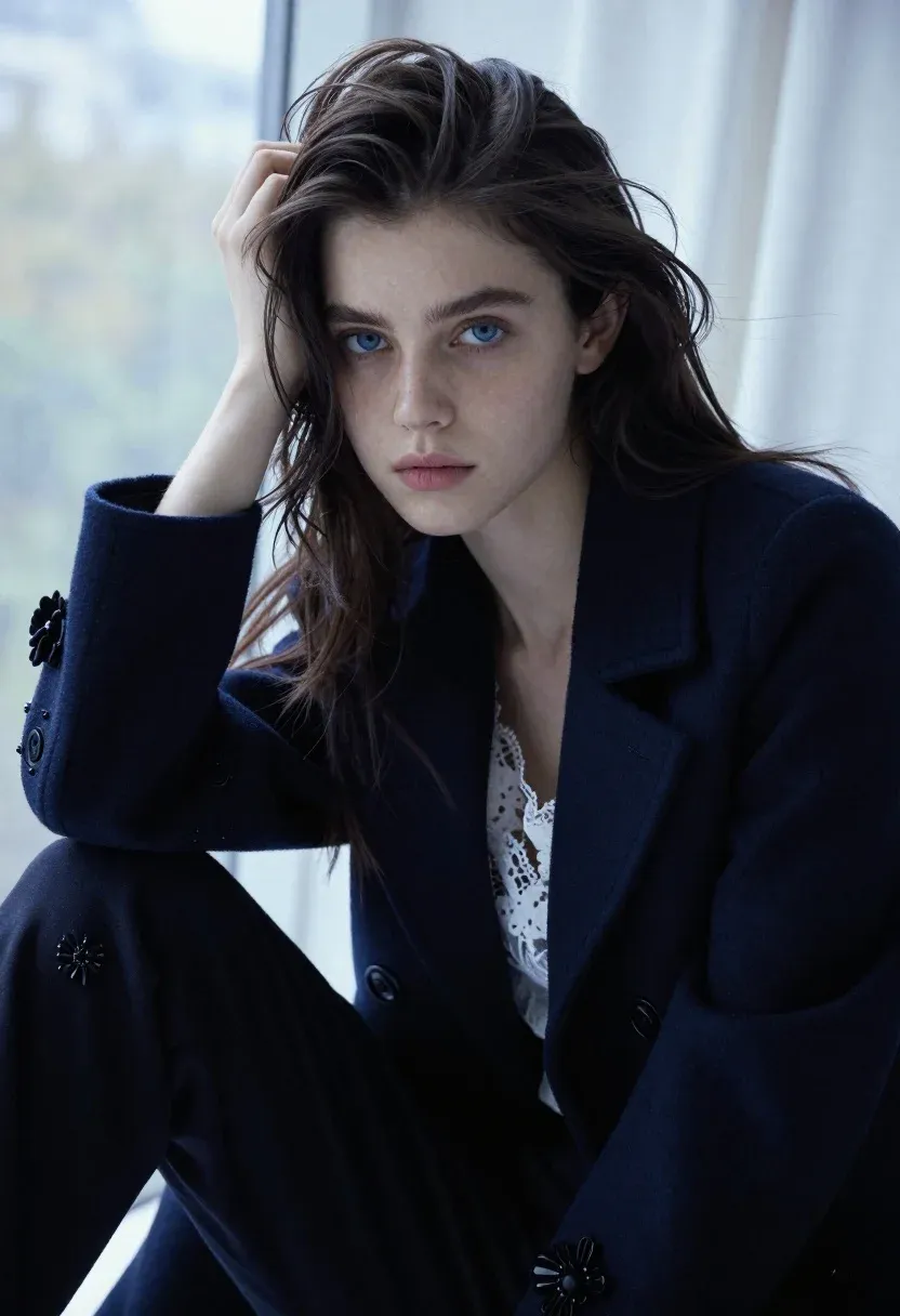 Young Woman With Long Dark Hair Gazes Directly The Camera