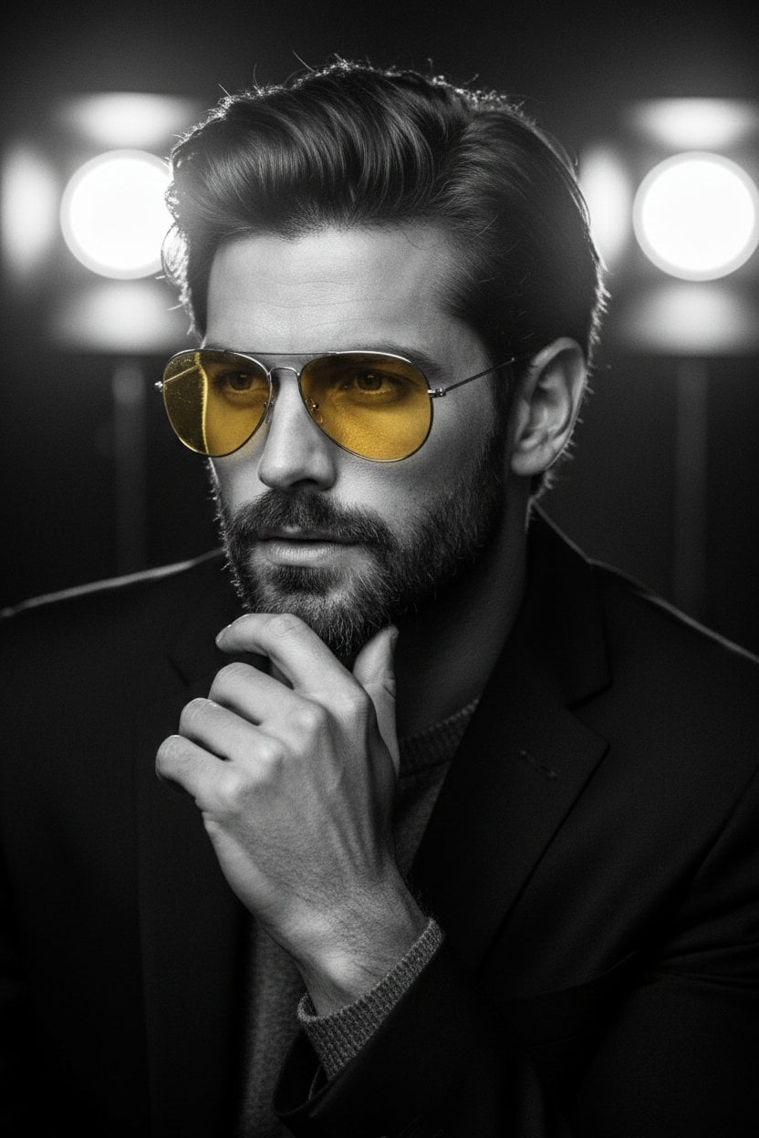 A young man in a thoughtful pose wearing amber-tinted sunglasses, with dramatic backlighting and a moody film-noir style.