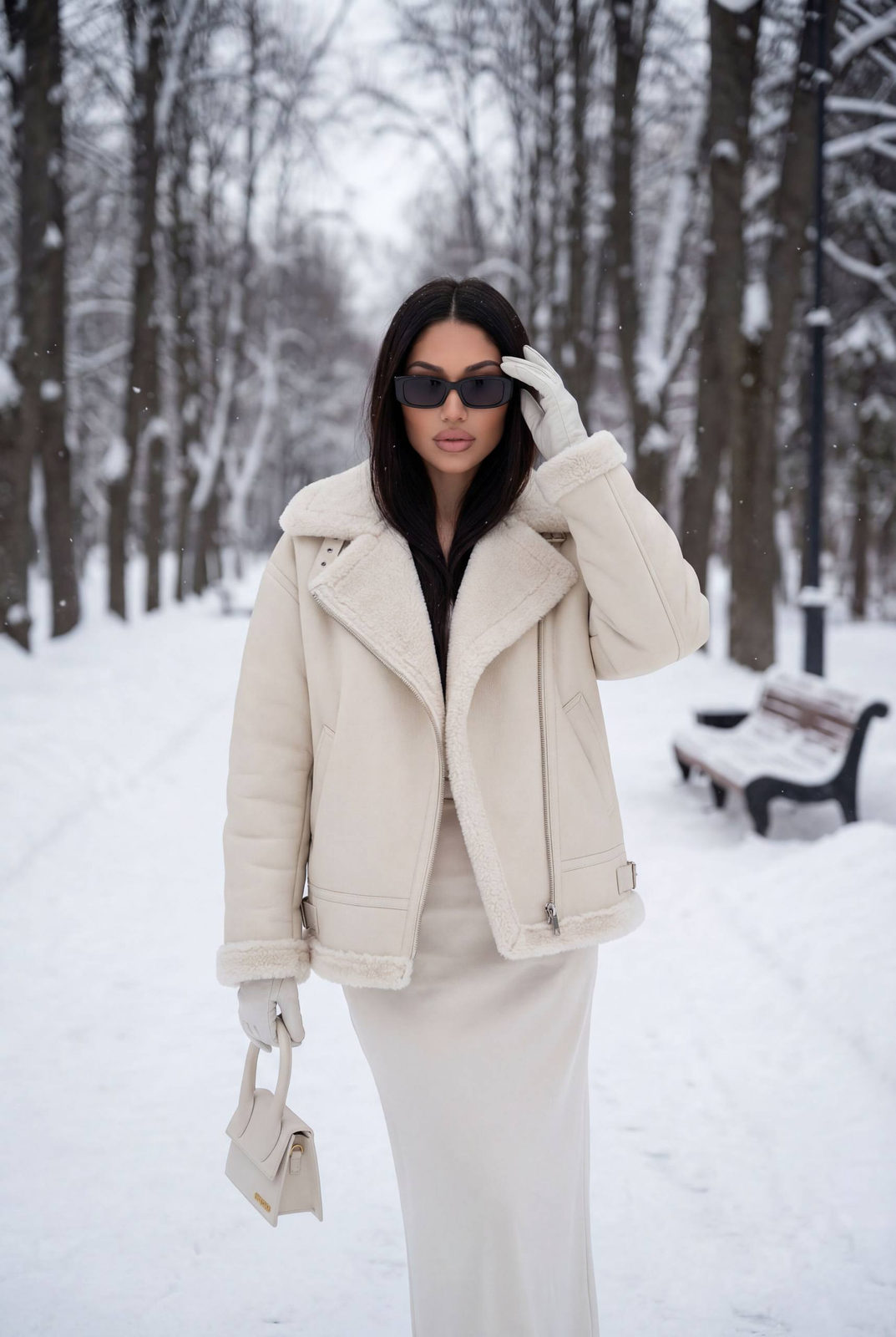 A woman in an ivory oversized shearling jacket stands in a snowy park, her gloved hand touching her tousled hair, exuding quiet luxury and cold confidence.
