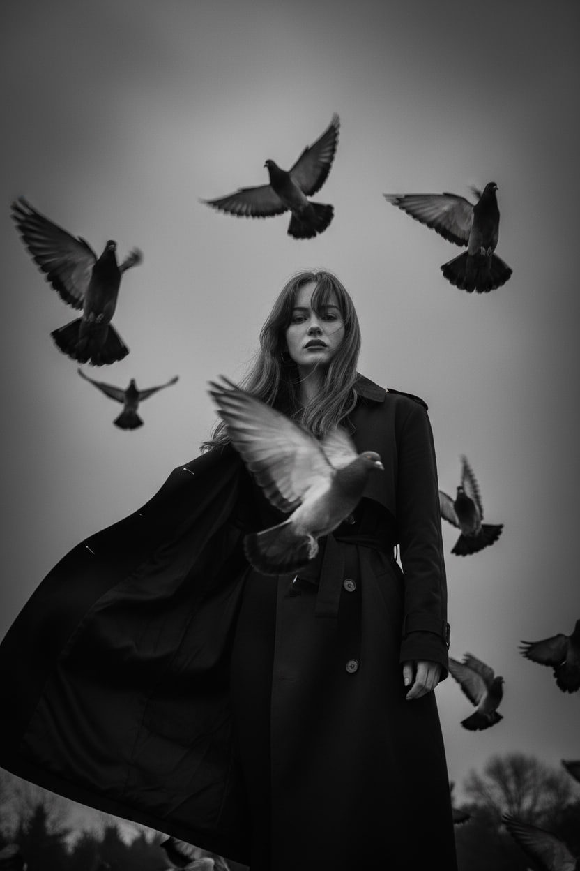 A person in a trench coat stands amidst flying pigeons, shot from a low angle with a gloomy sky above.