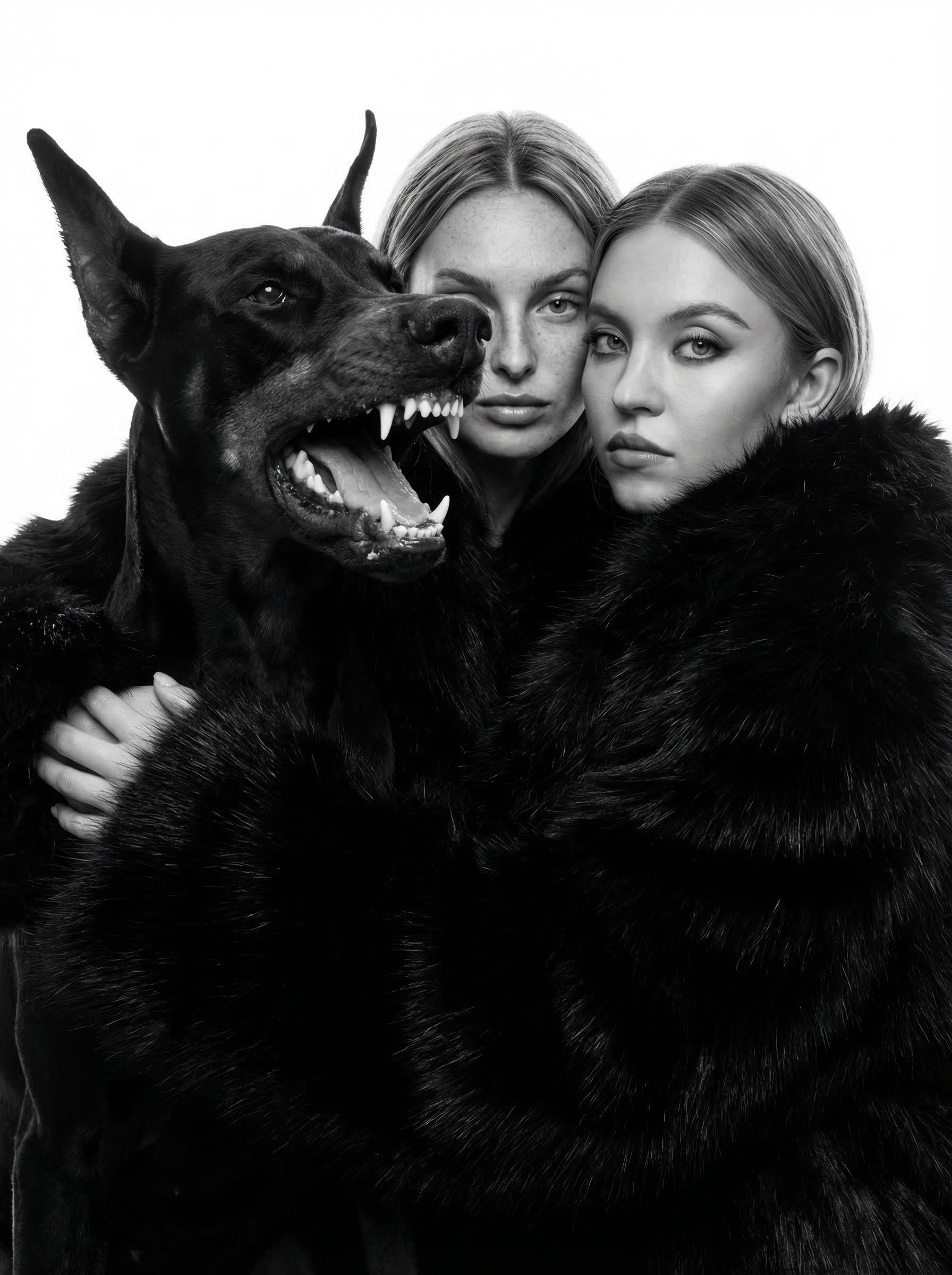 Doberman Snarl Woman Embrace Black White High Contrast