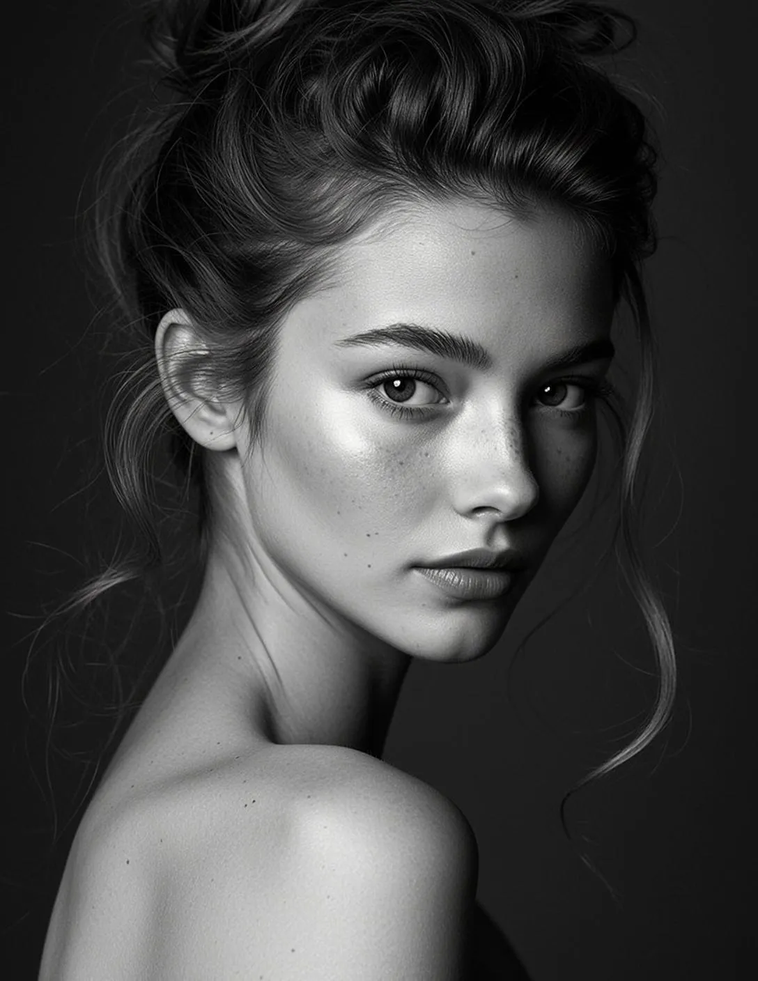 Photorealistic Black And White Medium Shot Portrait Young Woman With