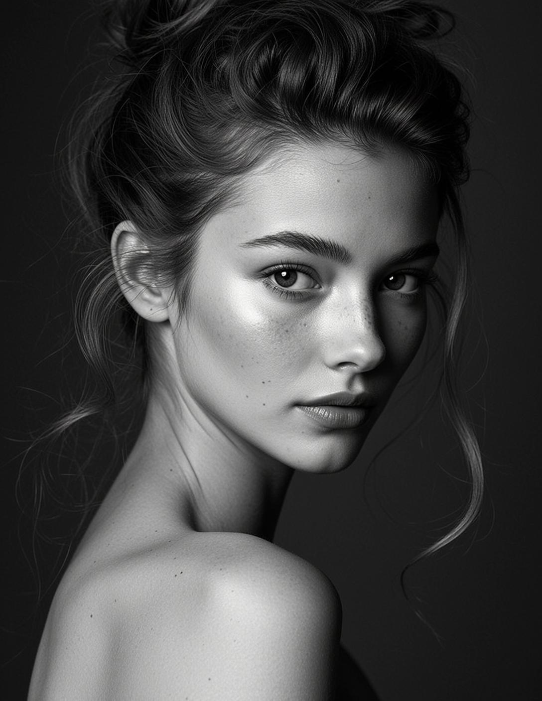 Photorealistic Black And White Medium Shot Portrait Young Woman With