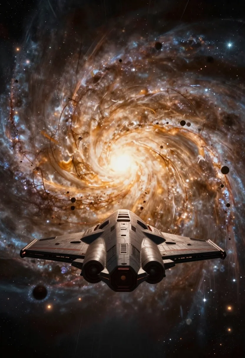 Cinematic Wide Shot Futuristic Spaceship Floating The Void Before Colossal reference photo