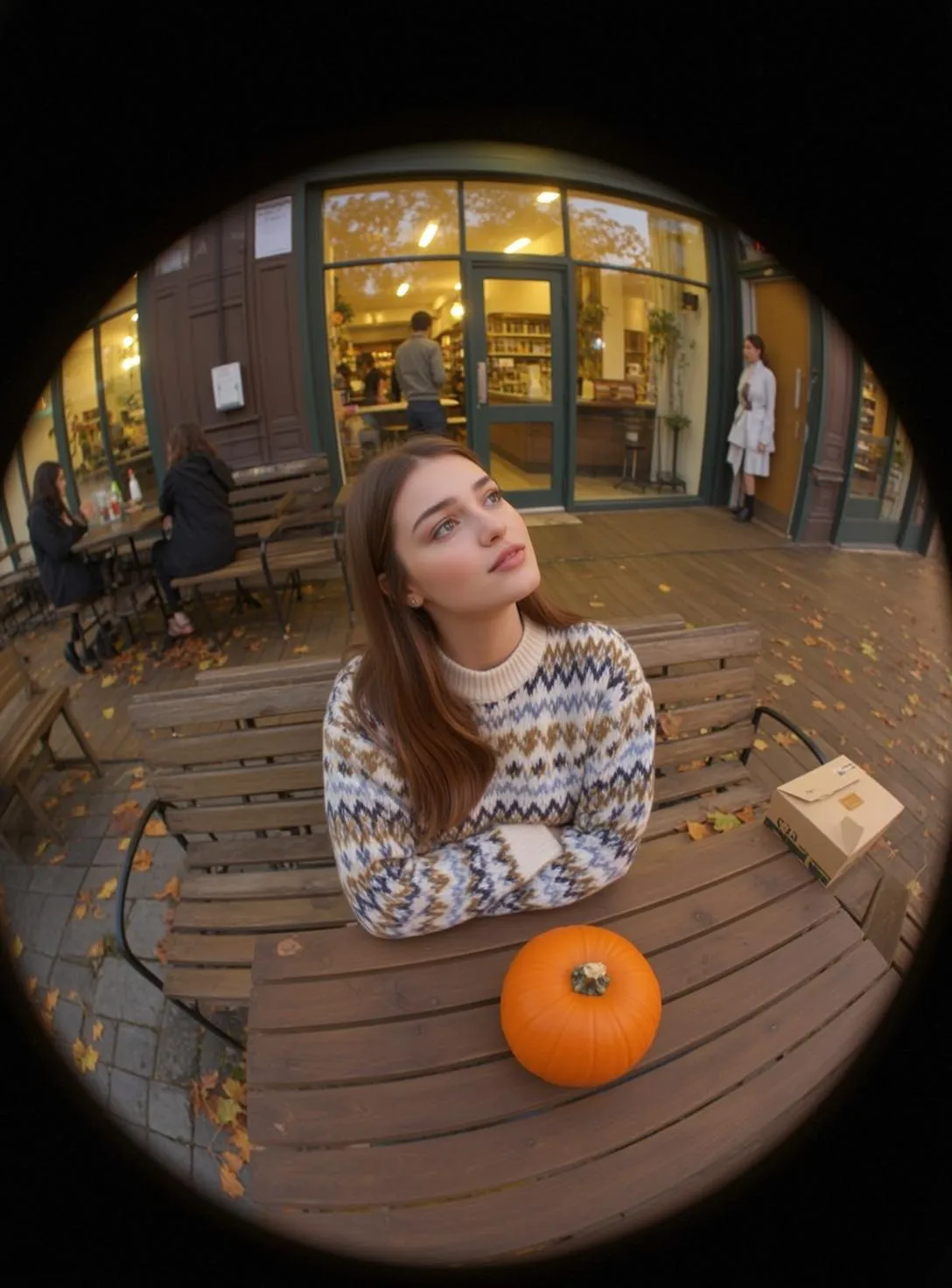 Autumn Cafe Sweater Pumpkin Scene