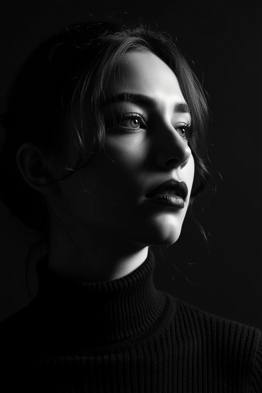 Photorealistic Black And White Medium Close-up Portrait Young Woman Looking