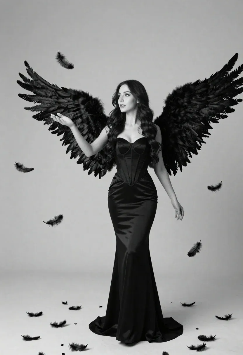 Full-body Portrait Woman With Long Dark Hair Standing Against Plain