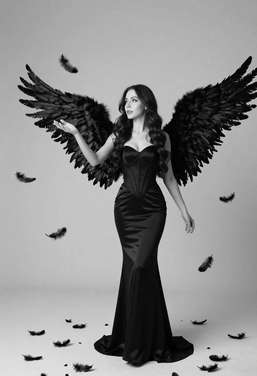 Full-body Portrait Woman With Long Dark Hair Standing Against Plain
