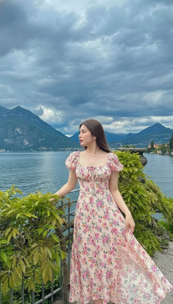 Photorealistic portrait of an East Asian woman in a pastel dress on a balcony overlooking Lake Como.