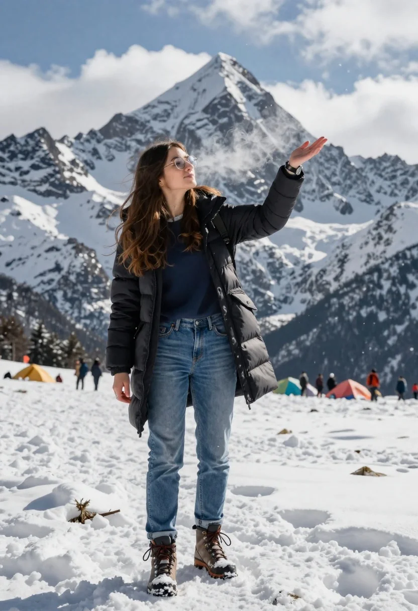 Young Woman With Long Brown Hair Stands Snowy Mountain Landscape