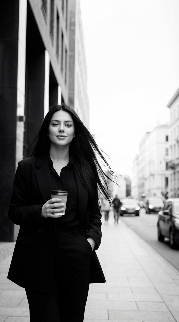 A girl in a black oversized blazer walking down a city street, holding a coffee cup, viewed from a low angle.