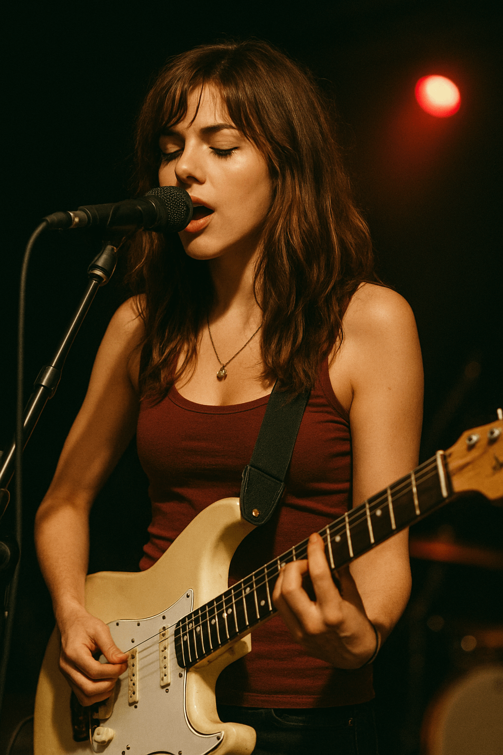 A medium close-up of a musician in a maroon tank top with a gold necklace, singing into a microphone on stage with warm lighting.