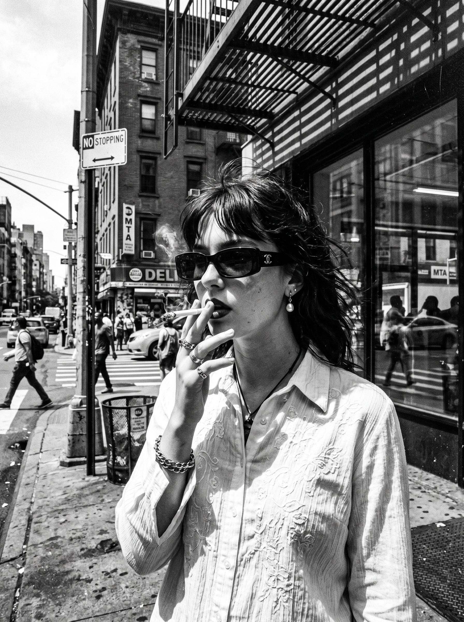 Dark Rectangular Sunglasses On New York City Sidewalk
