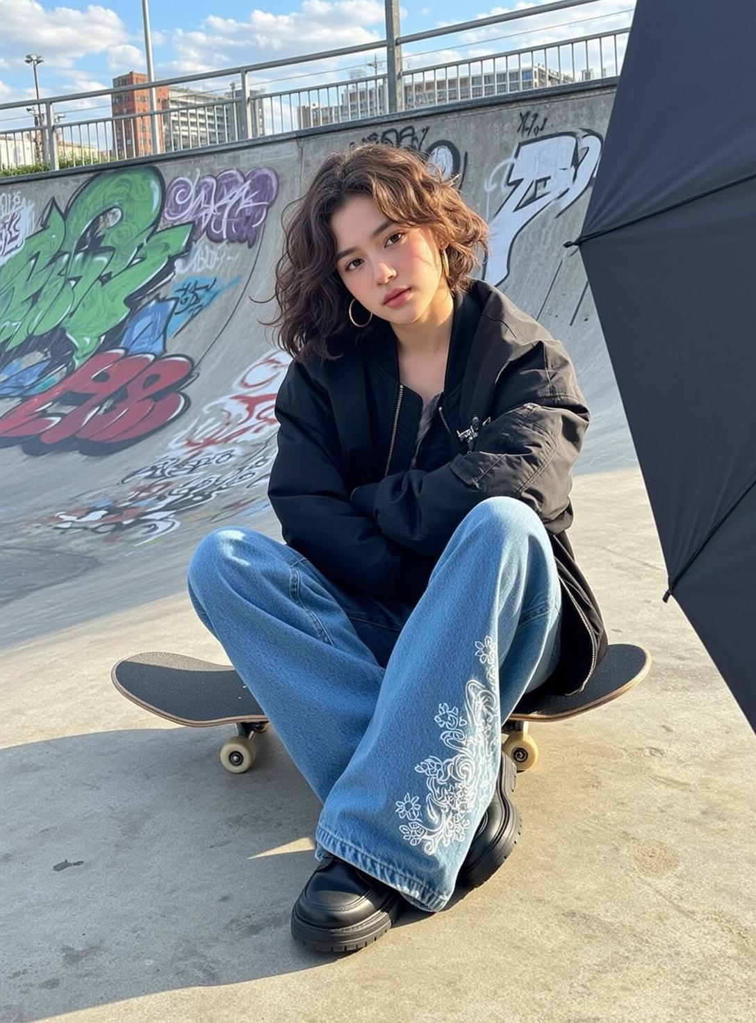 Skatepark Girl Golden Hour Bomber Jacket Jeans