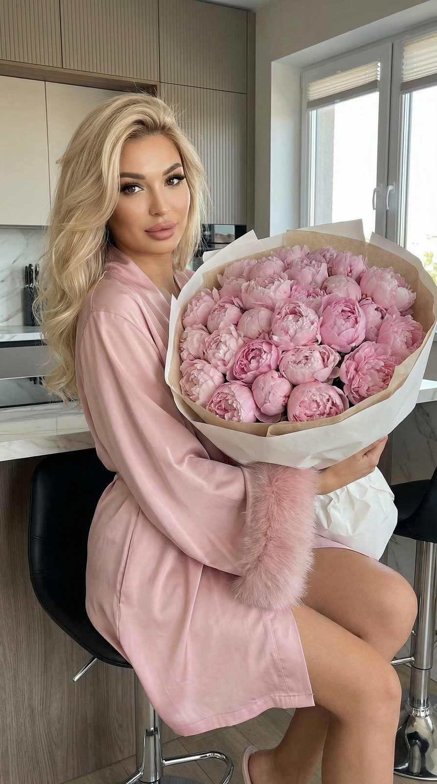 A woman in a pink silk robe holding a large bouquet of soft pink peonies in a warm kitchen setting.