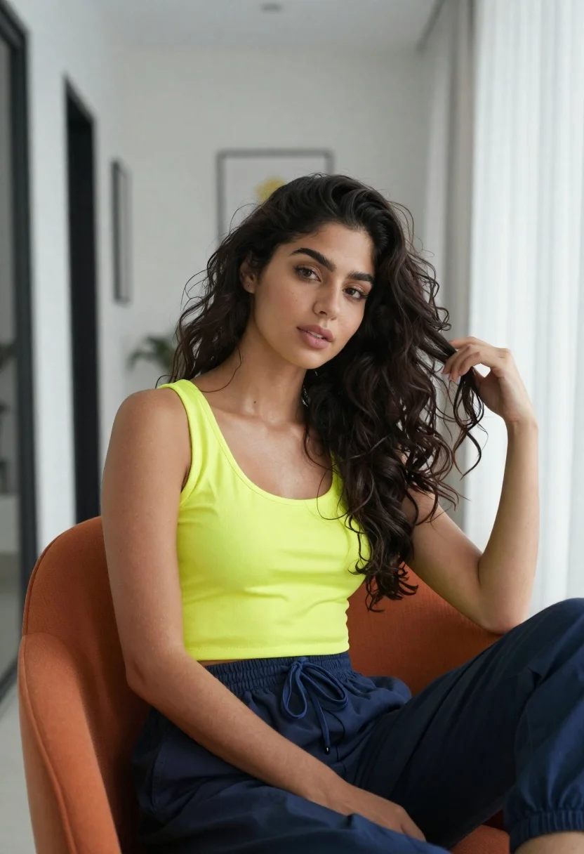 Woman With Long Dark Wavy Hair Sits Relaxed Pose Inside reference photo