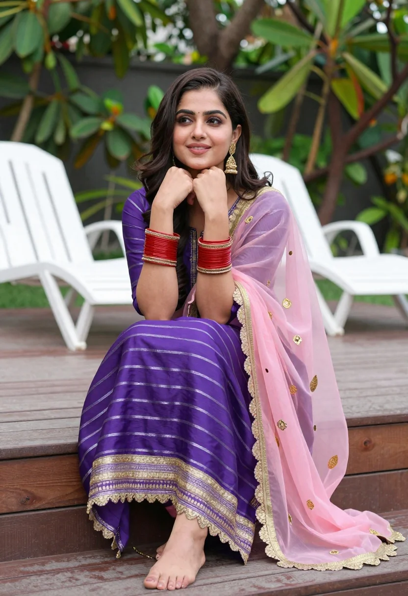 Woman Sits Gracefully Wooden Deck Outdoor Garden Setting Subject Young reference photo