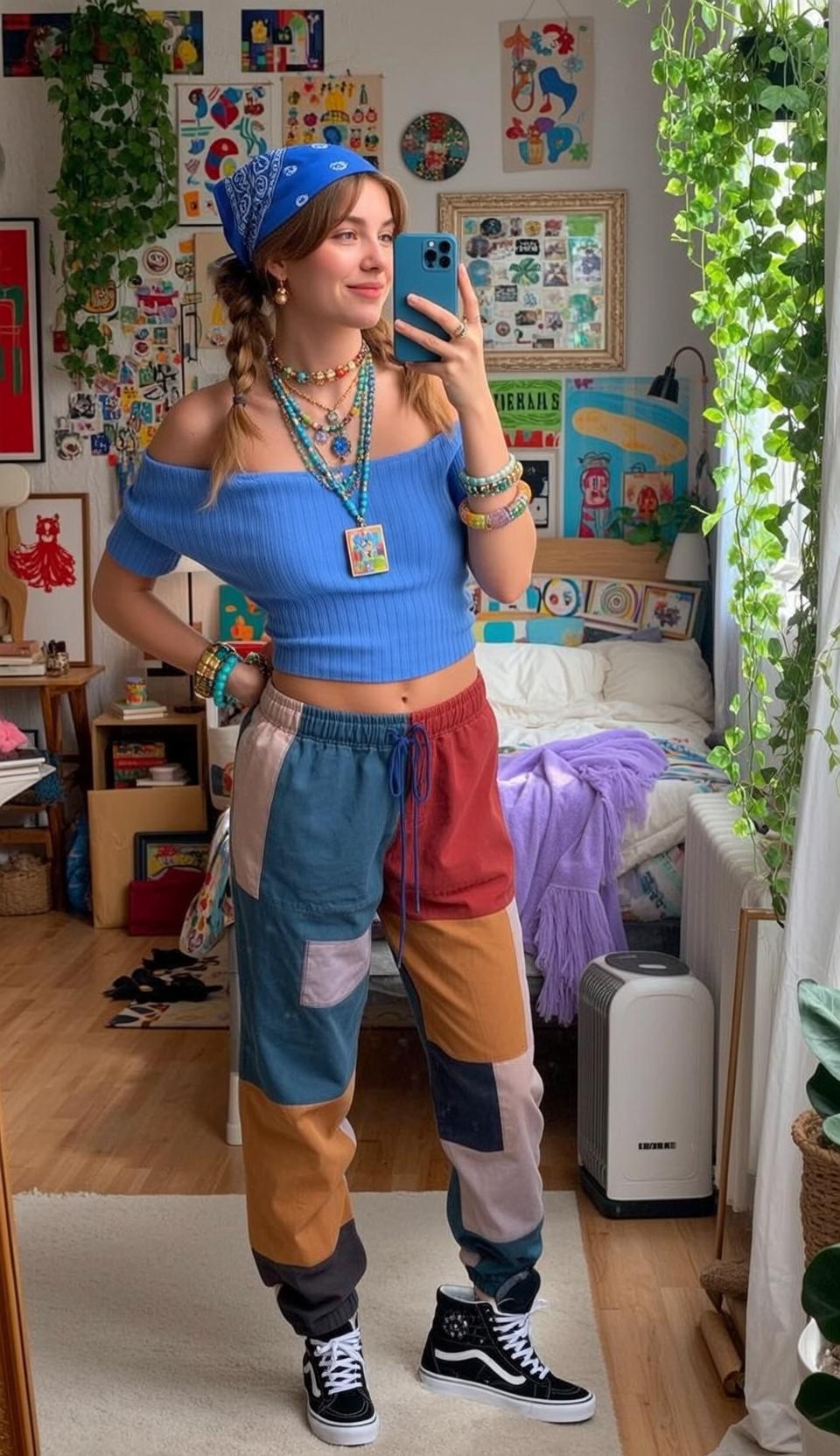 Blonde Pigtails Blue Crop Top Bedroom Mirror Selfie