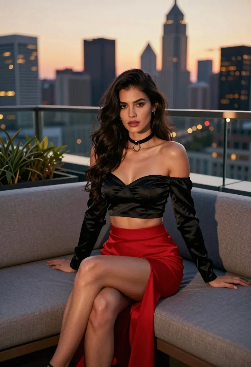 Glamorous Woman Sits Rooftop Lounge Sofa Against Vibrant City Skyline