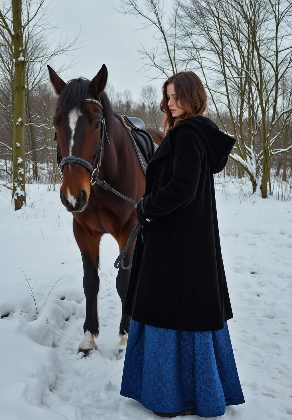Cottagecore Stands Snowy Woodland Holding Reins Brown