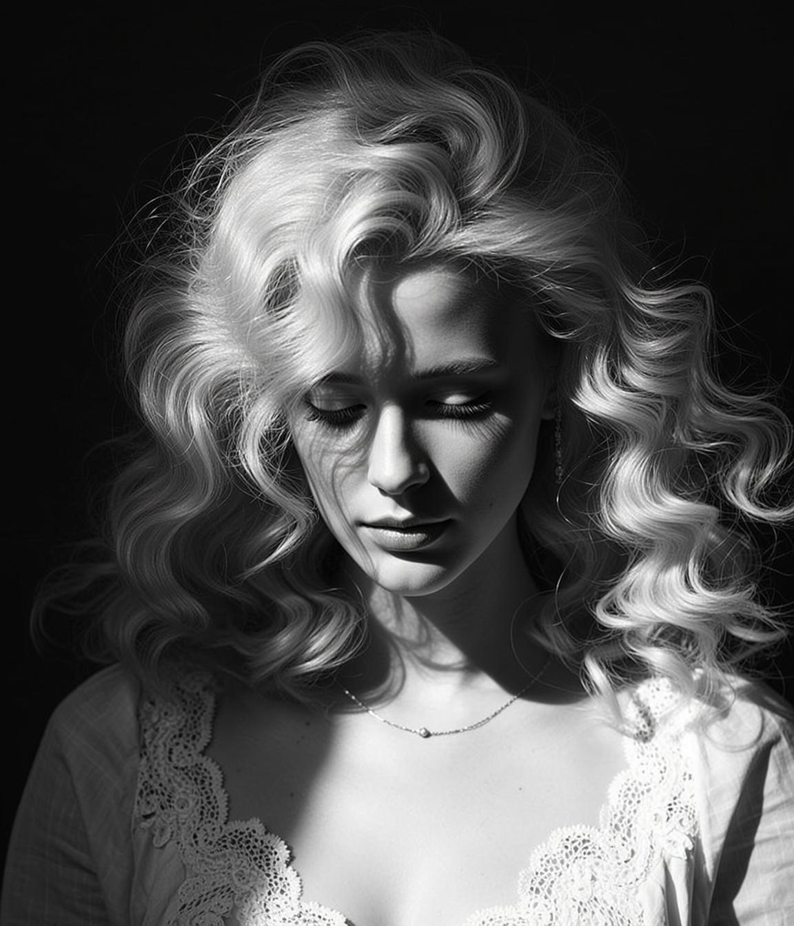 Photorealistic Black And White Medium Shot Portrait Young Woman With