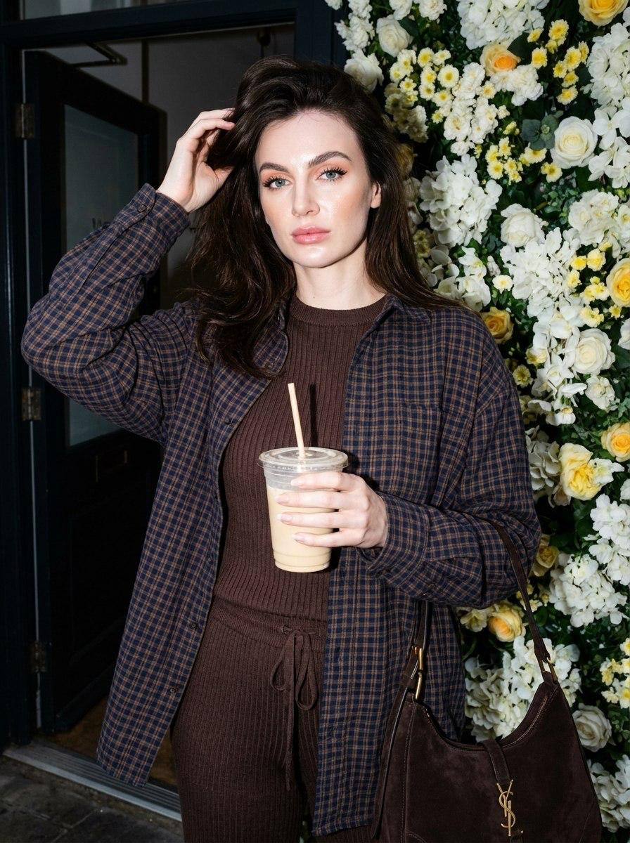 A woman outside a building entrance, slightly turned, holding a drink and showcasing soft makeup, framed by vibrant flowers.
