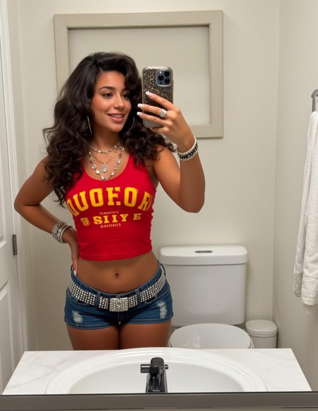 Explore Stands Bathroom Taking Mirror Selfie She