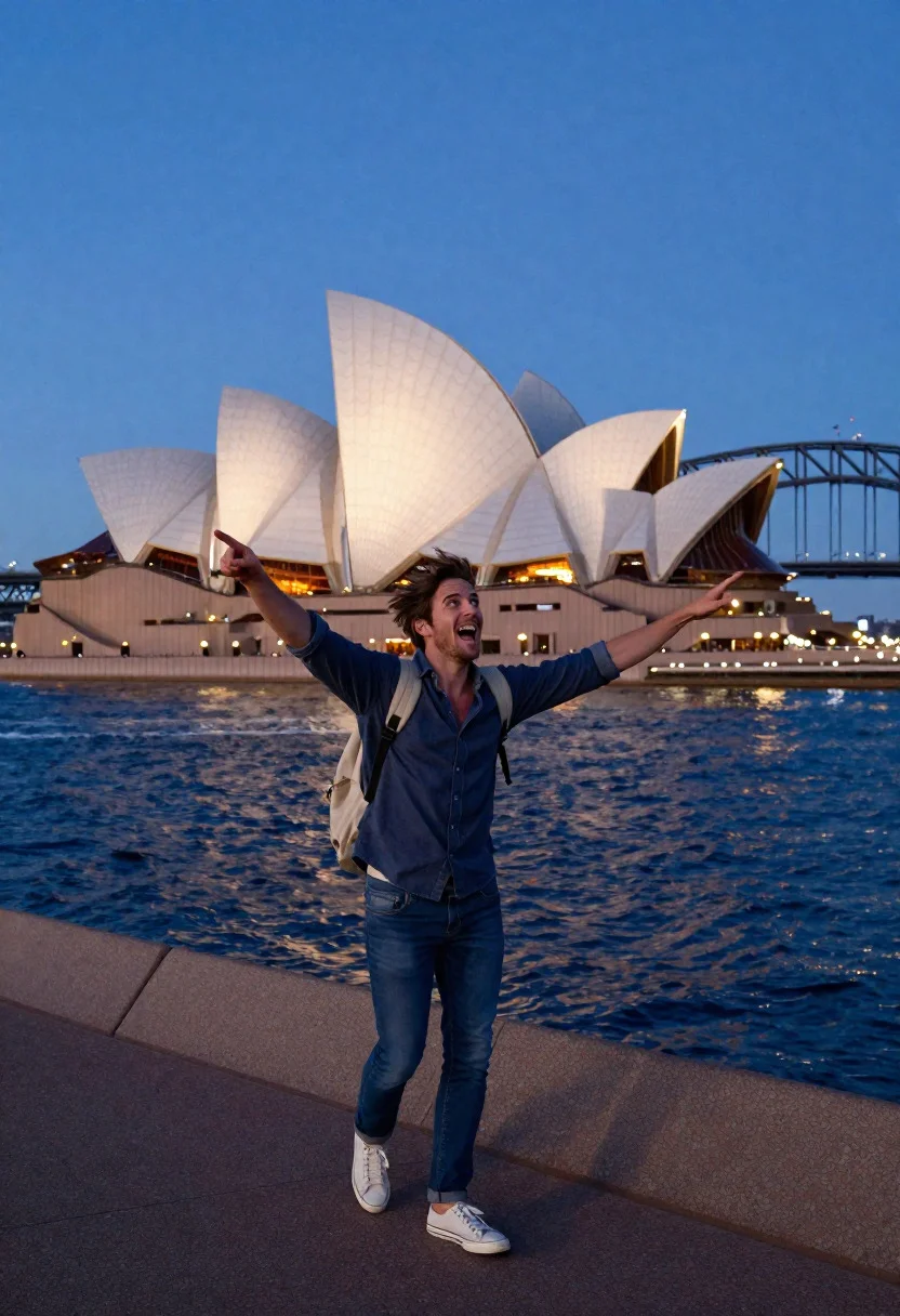 Dramatic Harborside Architectural Wonder Scene Awestruck Man Beholding Sydney Opera reference photo