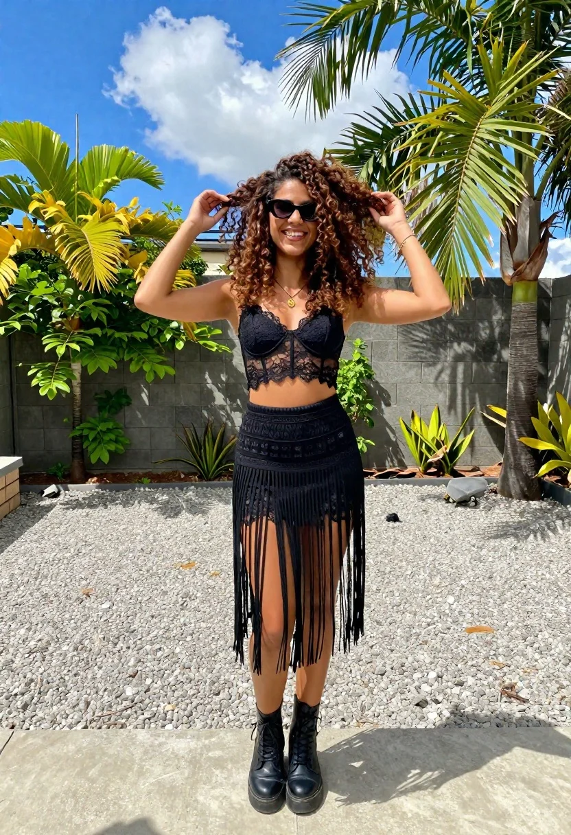 Smiling Woman With Voluminous Curly Brown Hair Stands Outdoors Posing reference photo
