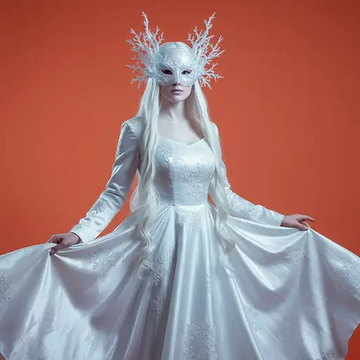 A woman in a shimmering ice mask adorned with frost patterns and a flowing silver gown.