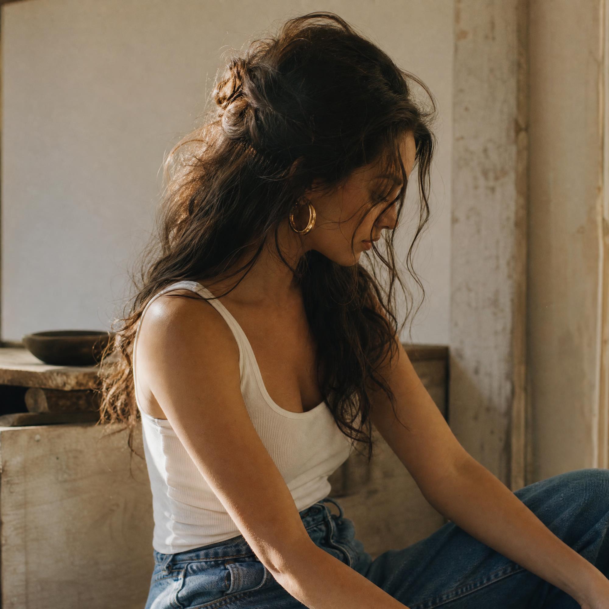 Profile Seated Indoors Against Rustic Textured Off White Wall Same