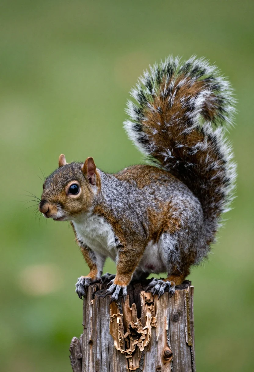 Grey Squirrel Perched Alertly Weathered Wooden Stump With Its Bushy