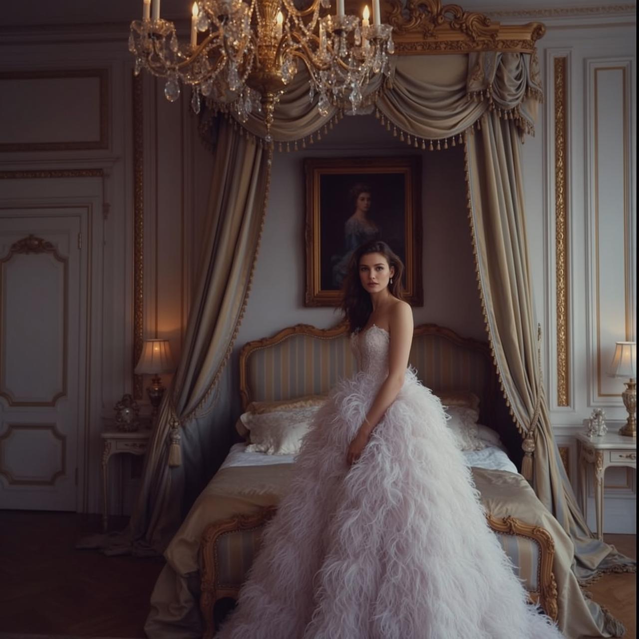 Feathered White Dress in Regal Bedroom