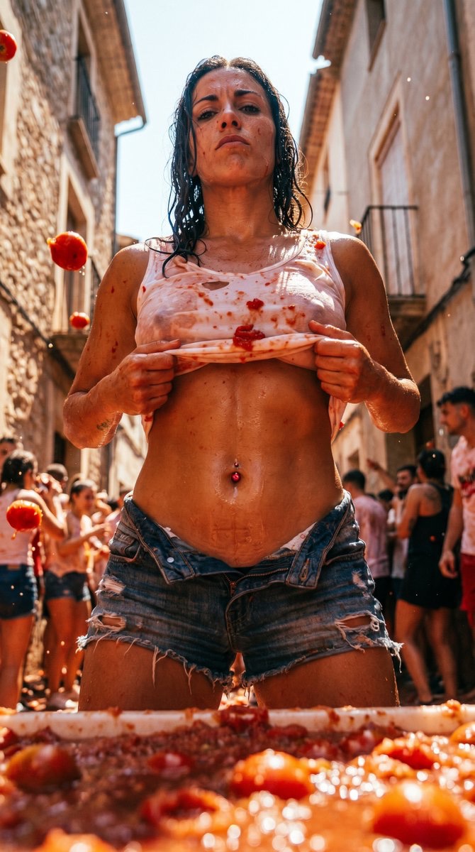 A person standing in a sun-drenched stone alley during a vibrant tomato festival, serious expression, blurred tomatoes in foreground.