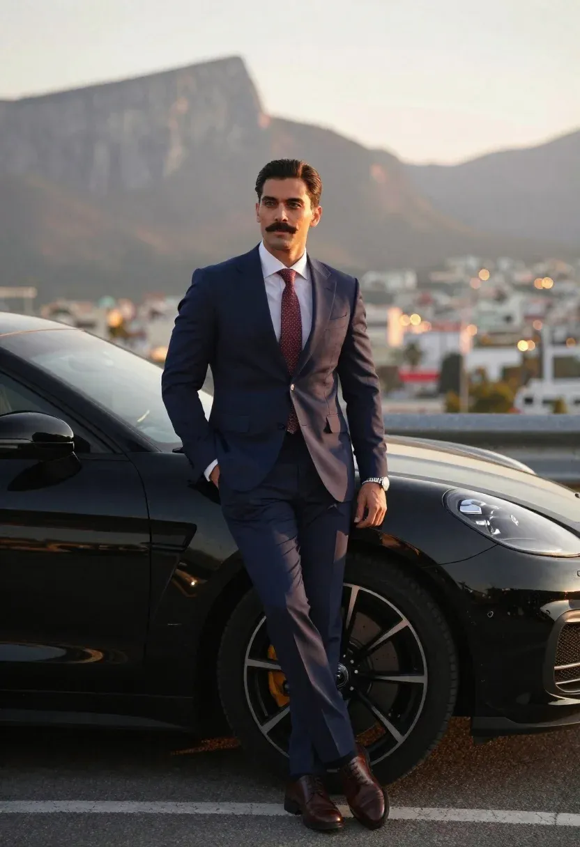 Handsome Man With Mustache Leans Casually Against Sleek Black Luxury
