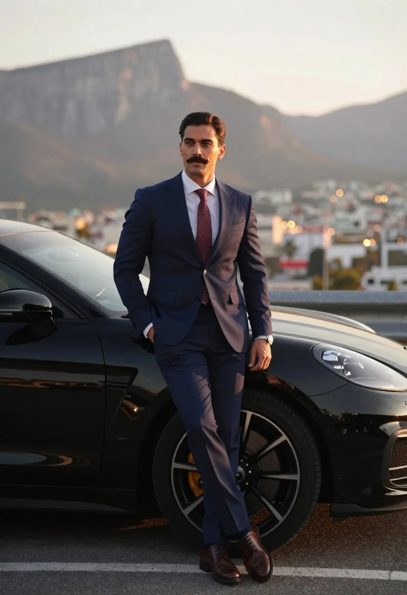 Handsome Man With Mustache Leans Casually Against Sleek Black Luxury