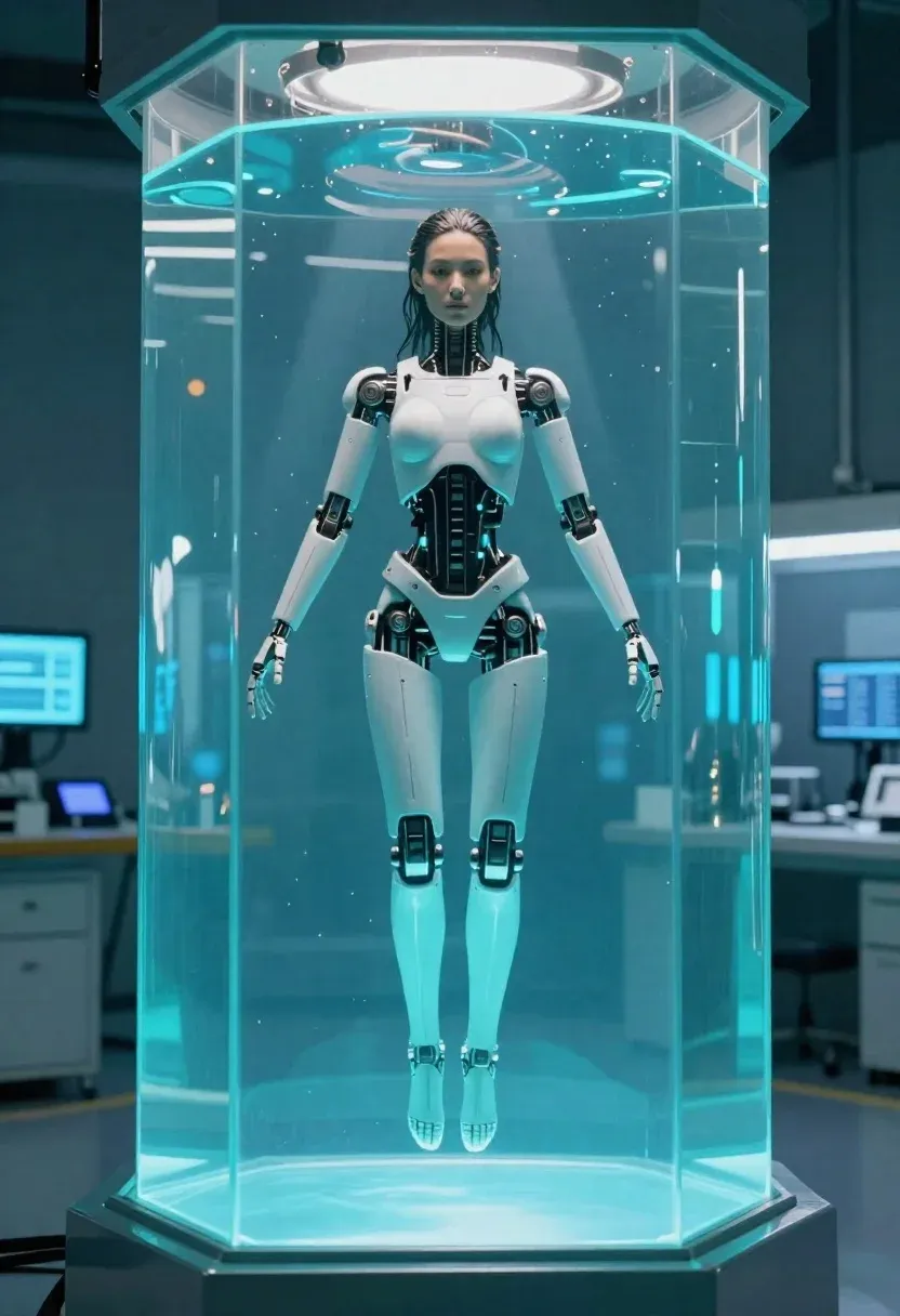 Futuristic Female Android Suspended Glowing Translucent Containment Tube Filled With