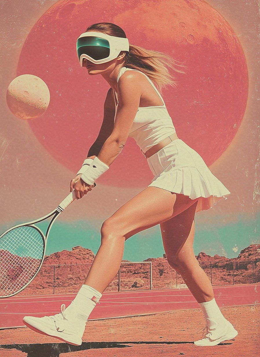 Tennis Player Mid Swing Dusty Court Pale Orange Moon