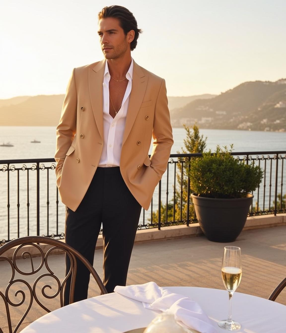 Handsome Dark Wavy Medium Length Tan Unbuttoned
