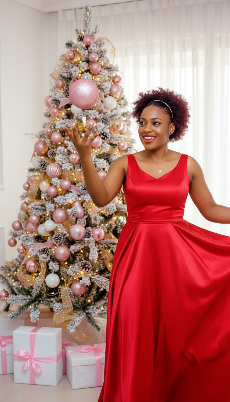 A joyful woman in a red satin gown tossing a pink Christmas ornament in front of a beautifully decorated tree.