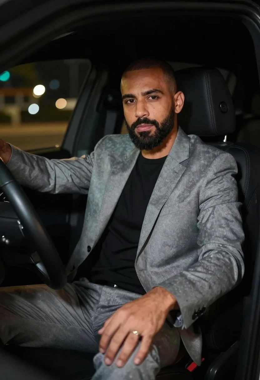 Cinematic Portrait Man Sitting The Driver Seat Car Night Subject reference photo
