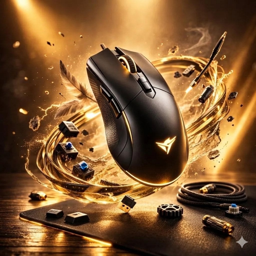 Futuristic Gaming Mouse With Golden Energy Rings
