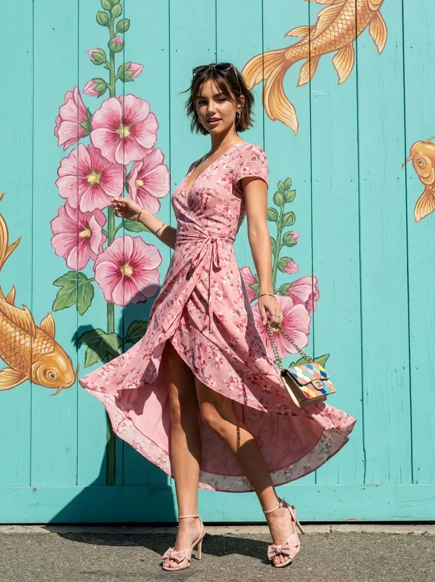 Sunglasses With Pink Floral Dress Turquoise Wall Koi Mural