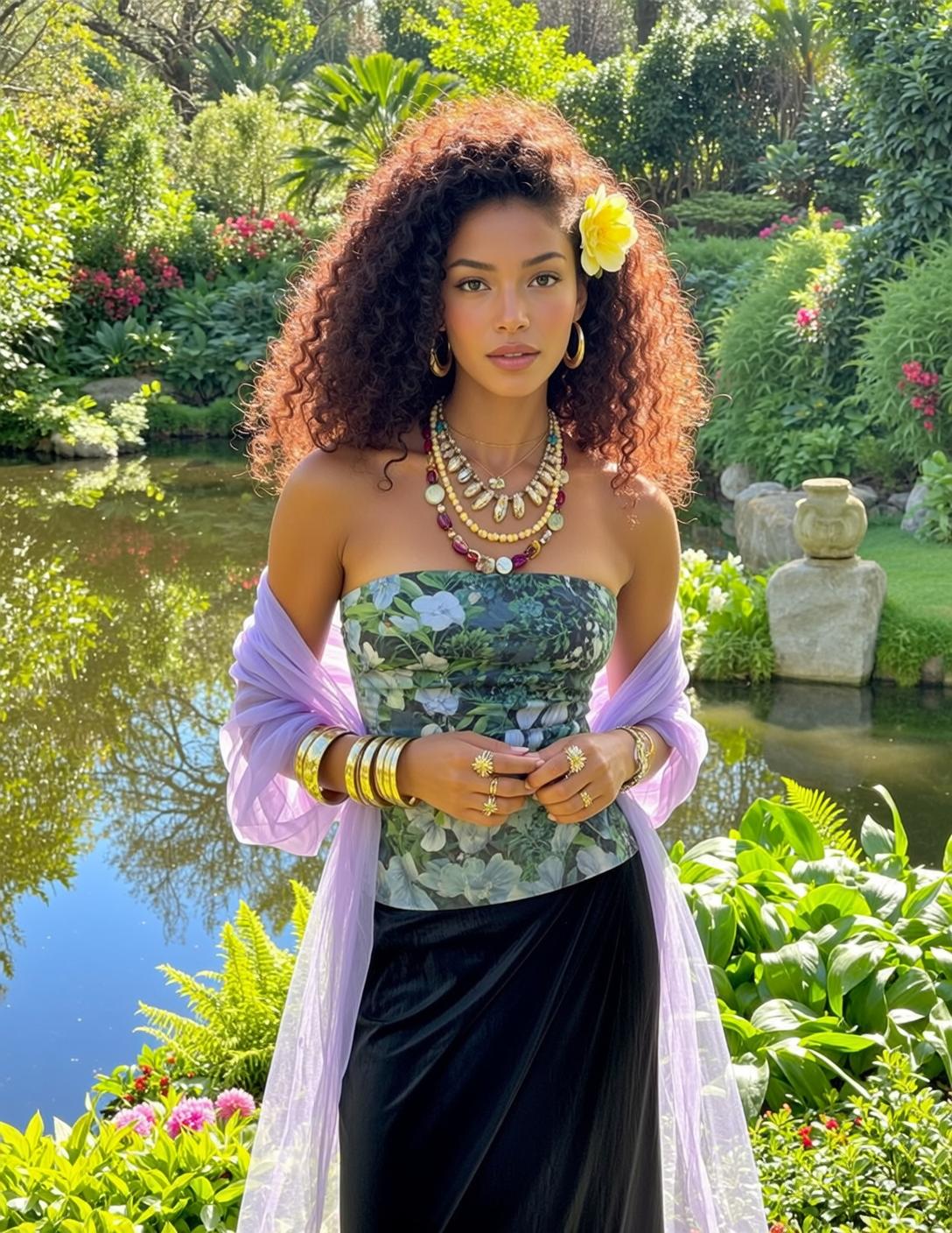 Floral Dress Lavender Shawl Gold Jewelry